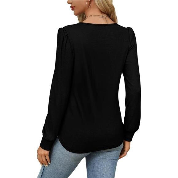 Women’s Pleated Scoop Neck Tunic - Long Sleeve Fall Blouses for Leggings, Black - Picture 5 of 6